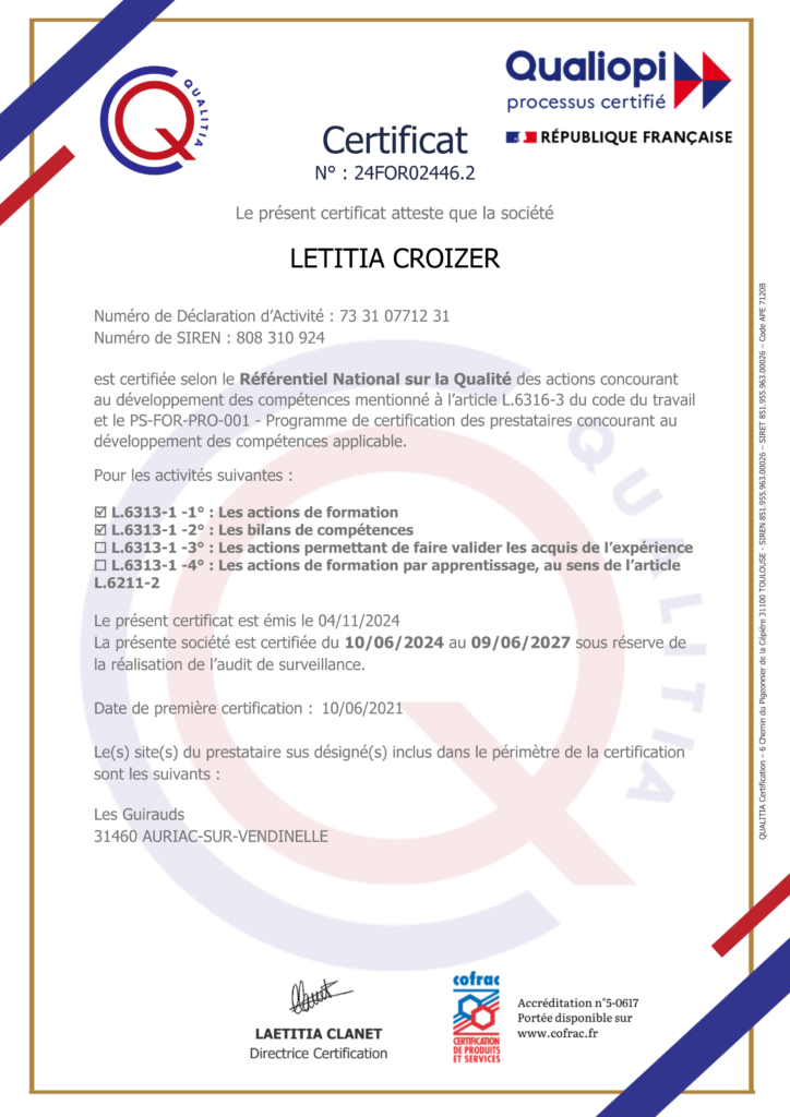 Certificat de Conformite formation et BC Croizer Stageos